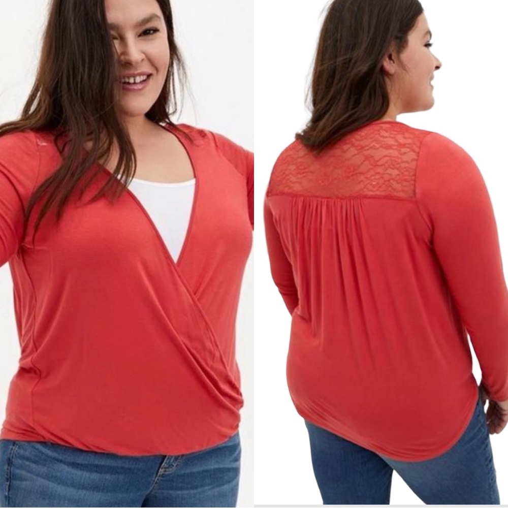 Torrid NWT Red Coral Long Sleeve Lace Back Wrap Surplice Top Tunic Plus Size 1X